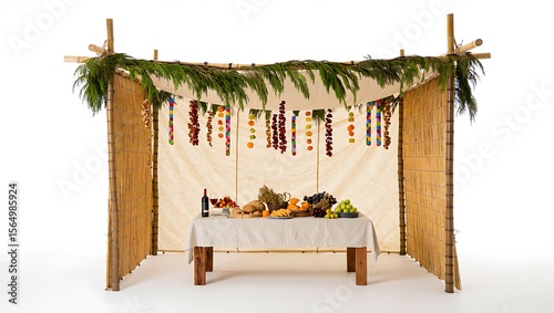 Festive sukkah decorated with fruits and greenery for the jewish holiday of sukkot celebration