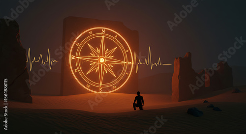 Illuminated compass in a desert landscape.
