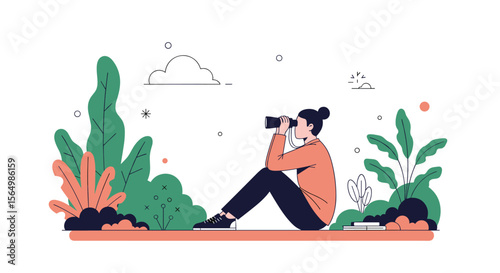 A woman with binoculars looks into the distance from a scenic natural landscape