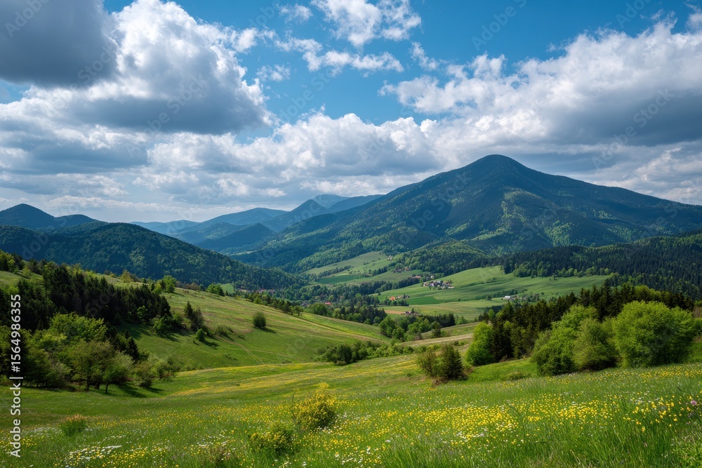 Obraz premium Flowery Landscape. Spring View of Donovaly in Velka Fatra National Park, Slovakia