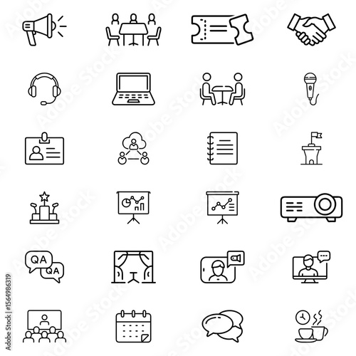 A collection of conference and meeting icons including presentation, networking, and communication tools