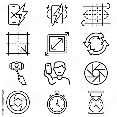 A collection of various outline icons depicting charging, grid, arrows, rotation, and time related symbols