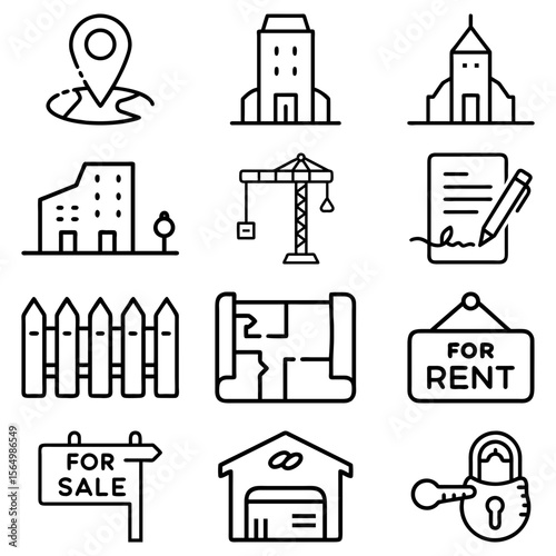 Collection of real estate related icons including buildings construction and property management elements