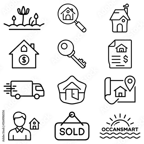 Collection of real estate icons including house, key, truck, plants, sold sign, and ocean smart logo