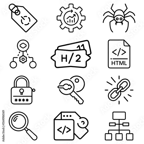 Collection of seo and web development icons including spider, html code, padlock and magnifying glass