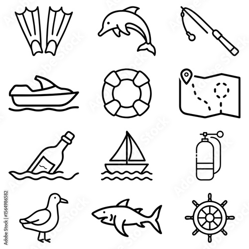 Collection of nautical themed line art icons including sea life, boats, and diving equipment elements present