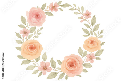 Soft watercolor floral wreath blending delicate petals and leaves, creating romantic botanical design with transparent ethereal background