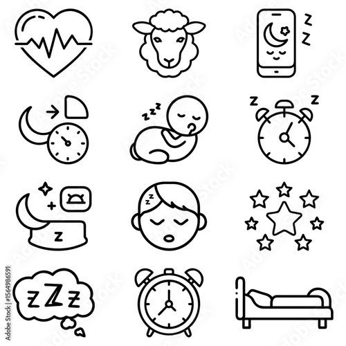 Collection of sleep related icons featuring a sheep, heart rate, alarm clock, and sleeping person