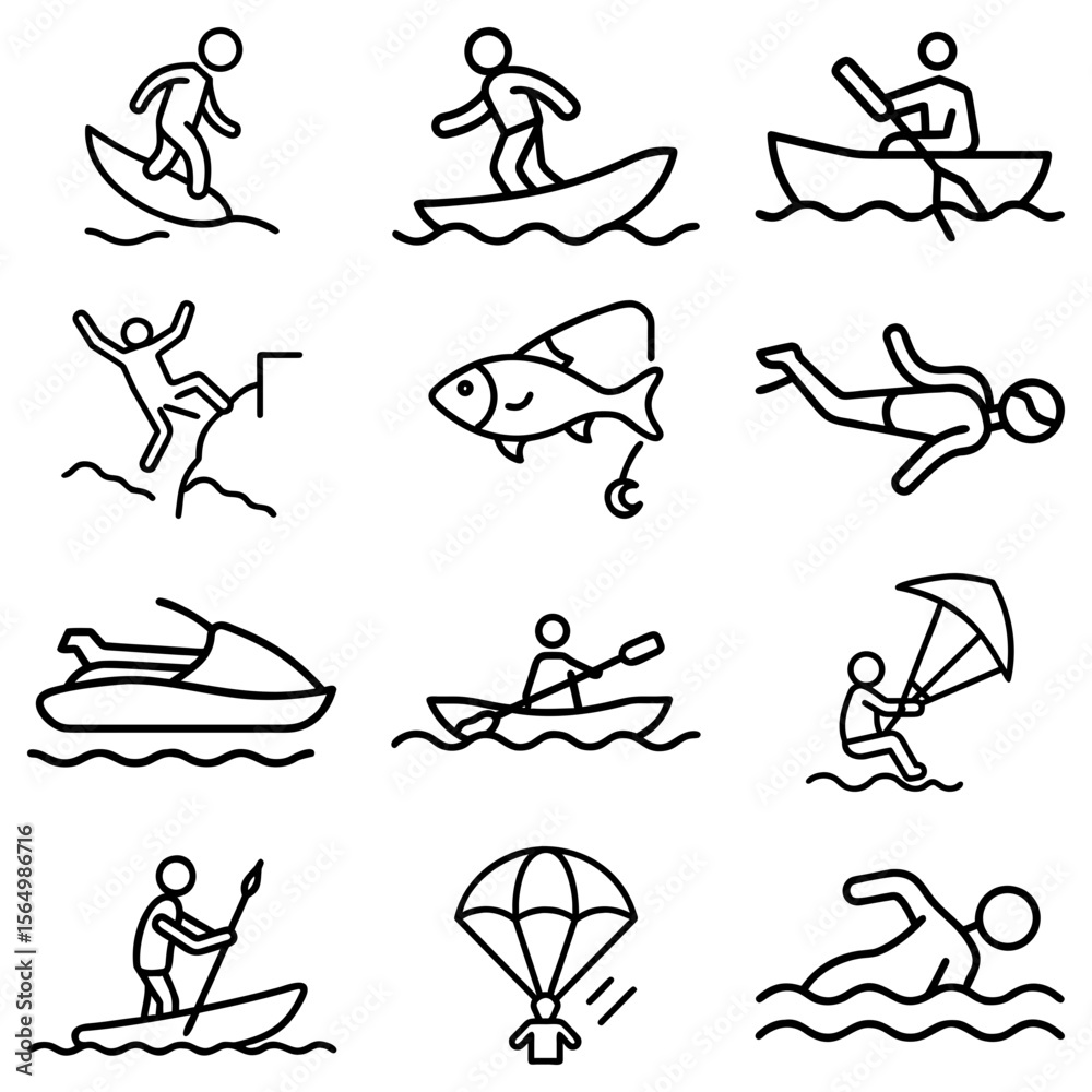 Fototapeta premium Collection of outline icons depicting various water sports and outdoor activities on a white background