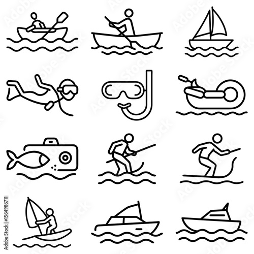 Collection of outline icons depicting various water sports and activities on the water surface design set