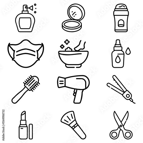 Illustration of various beauty and personal care items in a simple black and white outline style