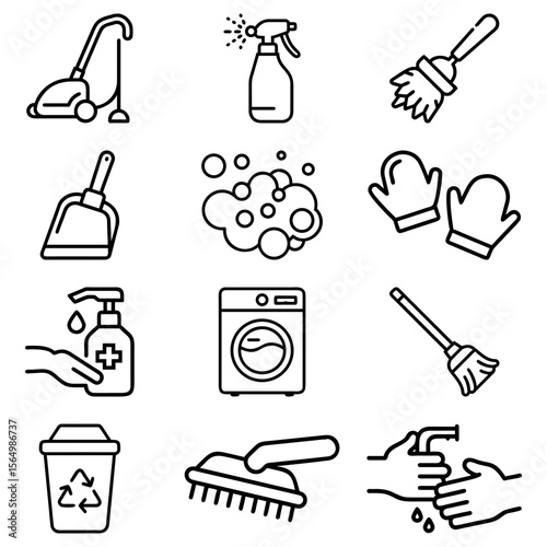 Collection of cleaning related icons including vacuum, spray bottle, and washing machine in black outline