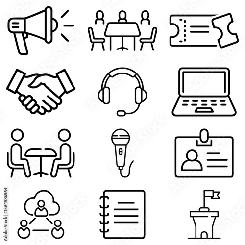 Collection of business conference and meeting related icons in outline style showing diverse elements