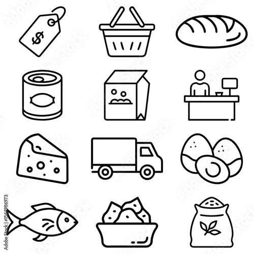 Outline icons depicting grocery items including bread cheese eggs and a delivery truck displayed neatly