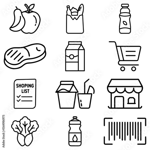 Illustration of grocery items including produce meat dairy shopping list cart and barcode in black outline