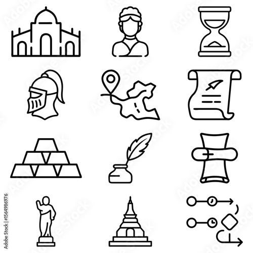 Outline icons depicting historical elements like architecture, figures, and artifacts in simple style