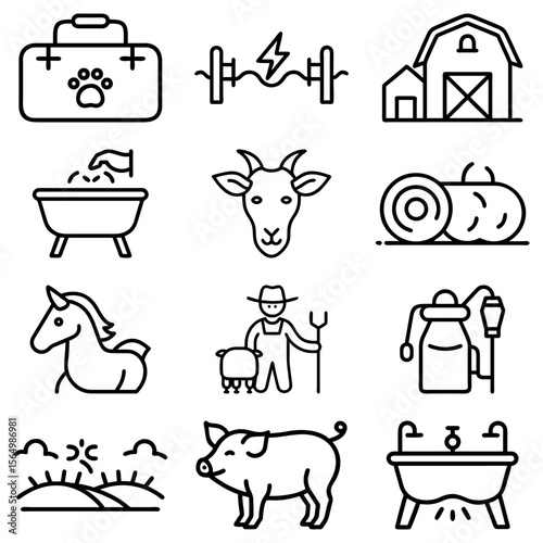Illustration of farm animals and equipment including a barn, goat, pig, and vet kit icon set