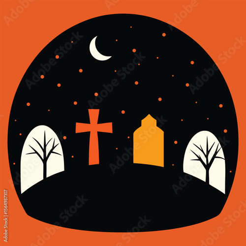 Spooky halloween graveyard scene with a full moon and creepy trees