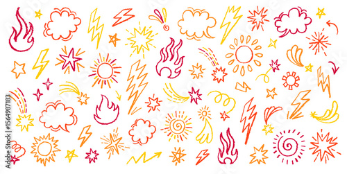 Fire star thunder firework icons. Lightning flame bolt hand drawn bg. Watercolor pencil or brush grafitti, vector. New year background. Firecracker star fire thunder firework cloud doodle illustration