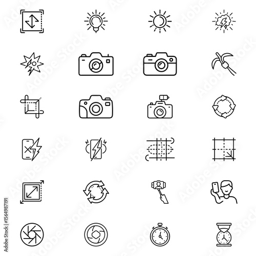 Illustration showing a collection of photography related icons including cameras and editing symbols and tools