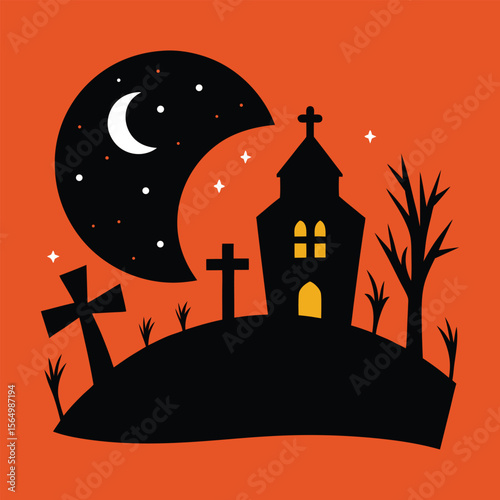 Spooky graveyard scene with a full moon and eerie trees at night