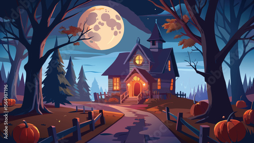 Scary Halloween night illustration with a haunted house in a dark forest under a spooky sky