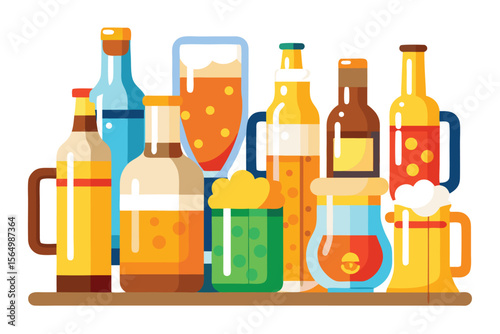 Assortment of Alcoholic Beverages and Beer Glasses