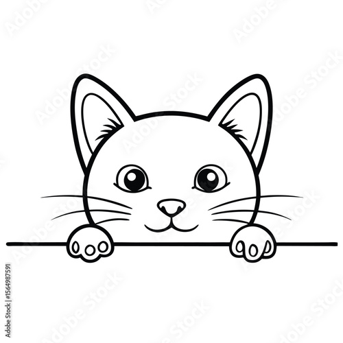 Cat Line Art with Head and Paws Peeking Over Edge