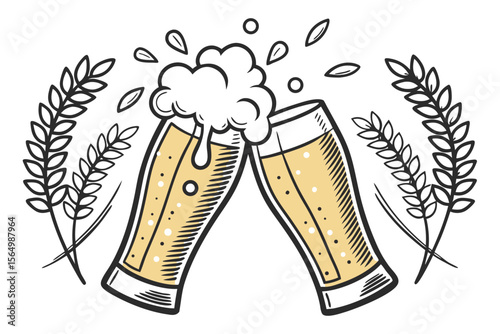 Two Beer Glasses with Foam and Wheat