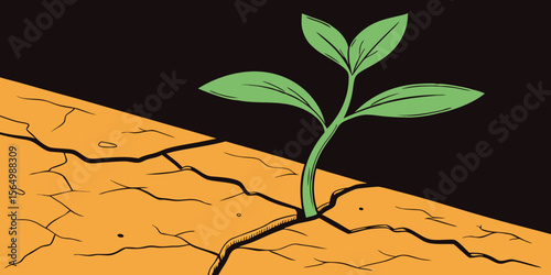 Bright green sprout coming out of stem cracked in orange black background vector illustration