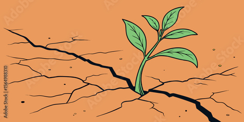 Bright green sprout coming out of stem cracked in orange background vector illustration