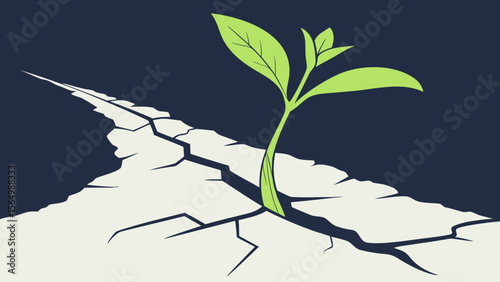 Bright green sprout coming out of stem cracked in navy blue white background vector illustration