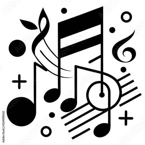Music notation sheet, sound melody and note black and white icon on white background.