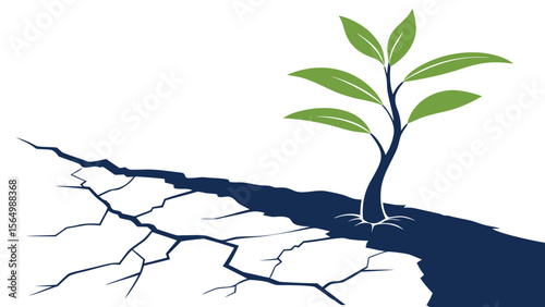 Bright green sprout coming out of stem cracked in navy blue white background vector illustration