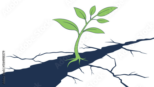 Bright green sprout coming out of stem cracked in navy blue white background vector illustration