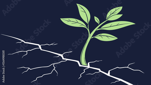 Bright green sprout coming out of stem cracked in navy blue background vector illustration