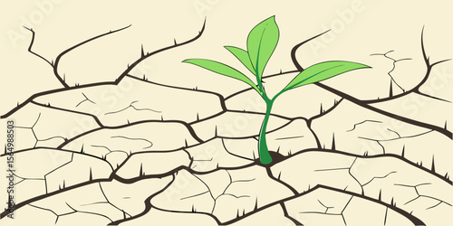 Bright green sprout coming out of stem cracked in white background vector illustration