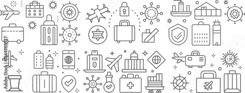 Travel and Safety Icons Set: Airplanes, Luggage, Health, and Security Graphics