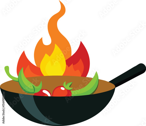 Cooking Pan with Fire and Food