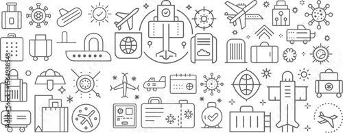 Travel and Transportation Icons with Health and Safety Symbols