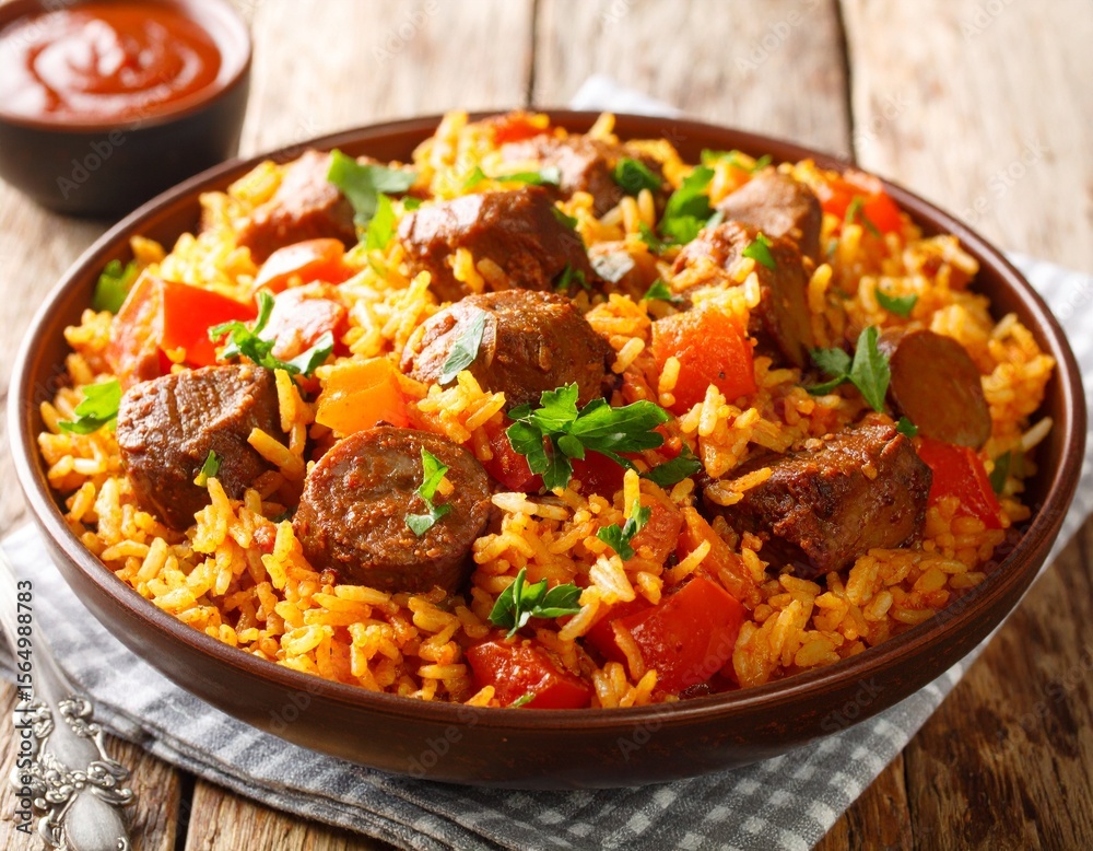 A colorful bowl of Cajun jambalaya, rich with rice, meat, and vegetables, a classic Creole dish. A colorful bowl of Cajun jambalaya, rich with rice, meat, and vegetables, a classic Creole dish.