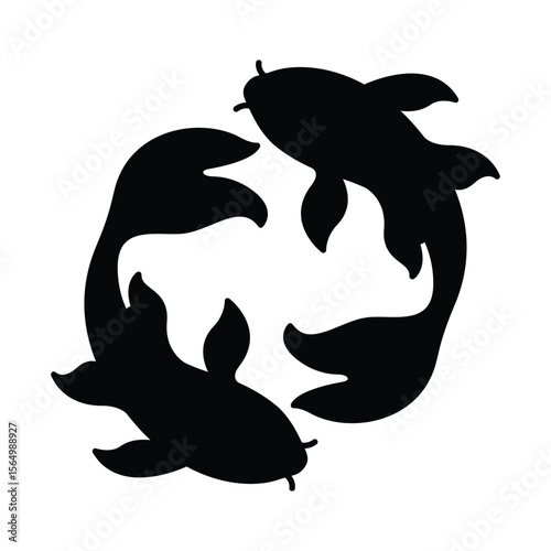 Yin Yang Koi Fish Silhouette Vector, Black Circular Fish Symbol for Zen Tattoo Design.