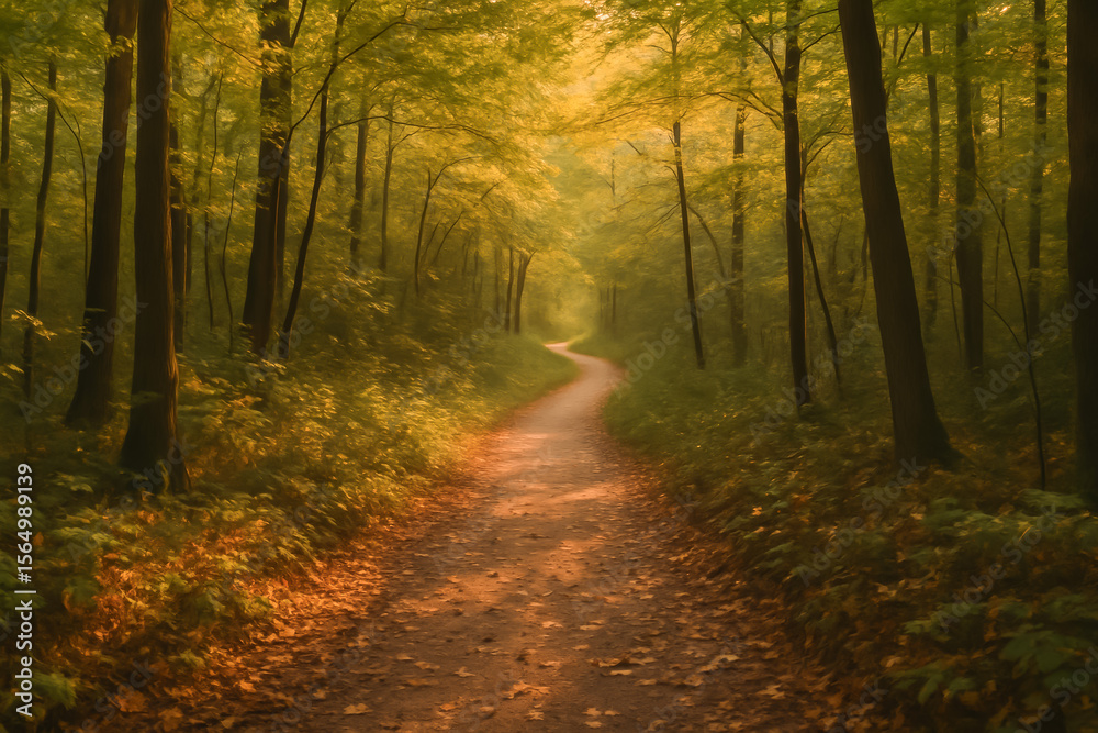 Obraz premium Serene forest pathway winding through lush greenery in autumn