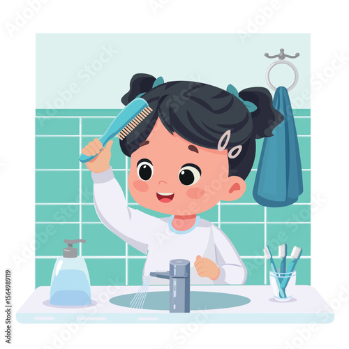 happy kid combing hair for daily personal care  cartoon vector illustration