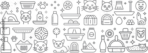 Pet Care and Cat Essentials Illustration Set with Various Supplies