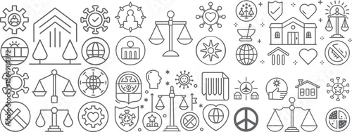 Comprehensive Icon Collection Representing Health, Justice, Nature, and Technology