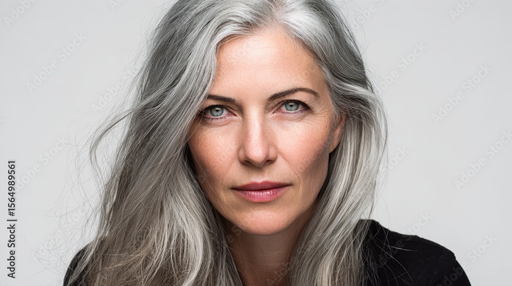 Naklejka premium Elegant mature woman portrait. Silver hair, serene expression. Perfect for beauty, fashion, and lifestyle projects.