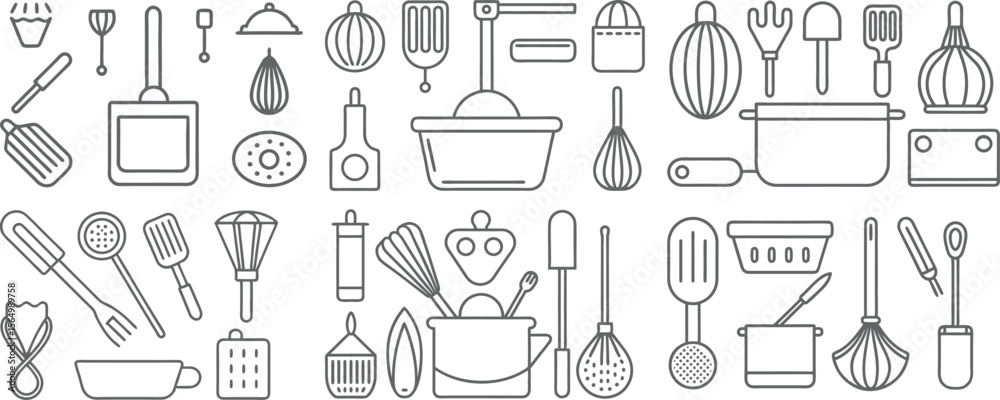 Obraz premium Comprehensive Set of Line Art Kitchen Utensils and Appliances