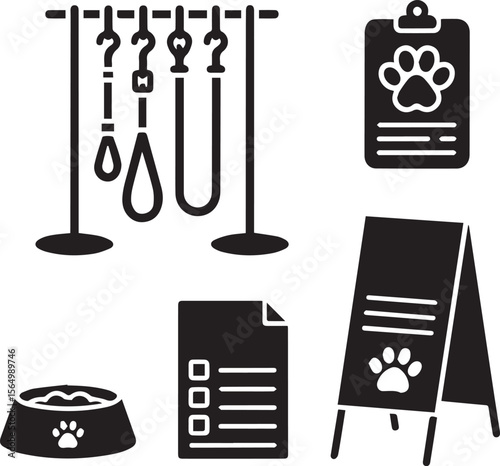 a collection of pet grooming related icons featuring leashes clipboard checklist and food bowl design