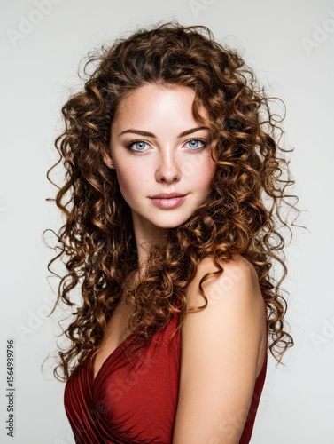 Stunning woman with curly hair, red dress. Perfect for beauty, fashion, and haircare advertising. Ideal for websites, magazines, and social media.